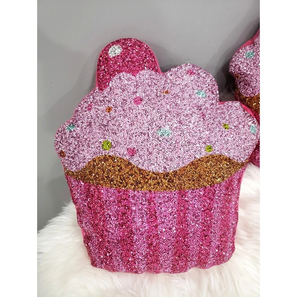 LOT 2 Sparkles Home Pink Cupcake Shaped Beaded Throw Pillow Dessert Sweet‎ Candy